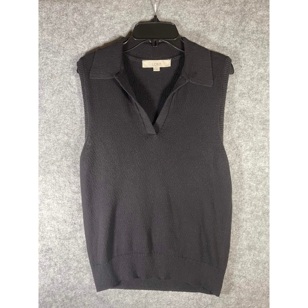 LOFT Womens Small Black Cotton Modal Knit Polo Collar Sleeveless Sweater Vest